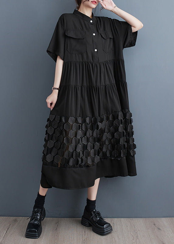 Organic Black Wrinkled Patchwork Solid Vacation Long Dresses Summer