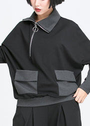 Organic Black asymmetrisches Design Taschen mit Reißverschluss Patchwork Herbst Top Langarm