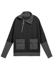 Organic Black asymmetrical Design Zippered Pockets Patchwork Fall Top Long sleeve
