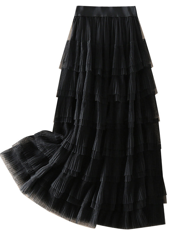 Organic Black elastic waist wrinkled Tulle Skirts Spring
