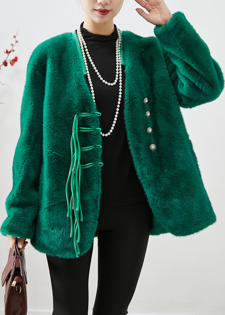 Organic Blackish Green Tasseled Mink Velvet Coat Outwear Winter