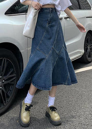 Organic Blue Button Ruffles Patchwork Cotton Denim Pleated Skirts Summer