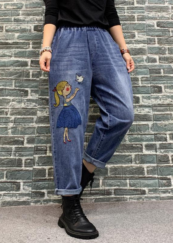 Organic Blue Cartoon Embroidered Pockets Patchwork Denim Crop Pants Spring