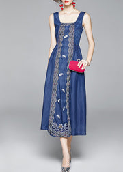 Organic Blue Cinched Besticktes Spaghettiträger-Baumwoll-Denim-Kleid mit Reißverschluss Frühling