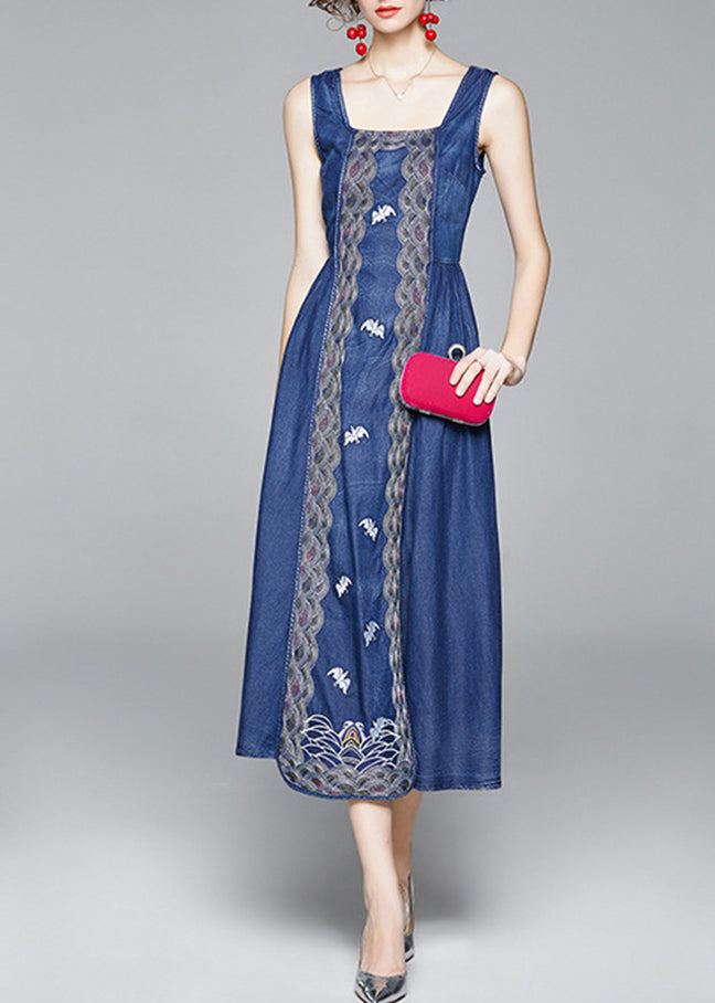 Organic Blue Cinched Embroidered zippered Spaghetti Strap Cotton Denim Dress Spring