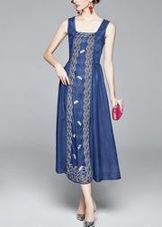Organic Blue Cinched Embroidered zippered Spaghetti Strap Cotton Denim Dress Spring
