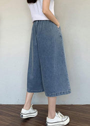 Organic Blue Elastic Waist Drawstring Pockets Cotton Wide Leg Pants Jeans Summer