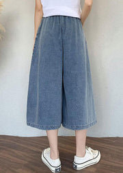 Organic Blue Elastic Waist Drawstring Pockets Cotton Wide Leg Pants Jeans Summer