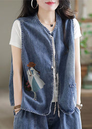 Organic Blue Embroidered O-Neck Pocket Lace Up Cotton Vest Tops Sleeveless