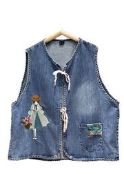 Organic Blue Embroidered O-Neck Pocket Lace Up Cotton Vest Tops Sleeveless