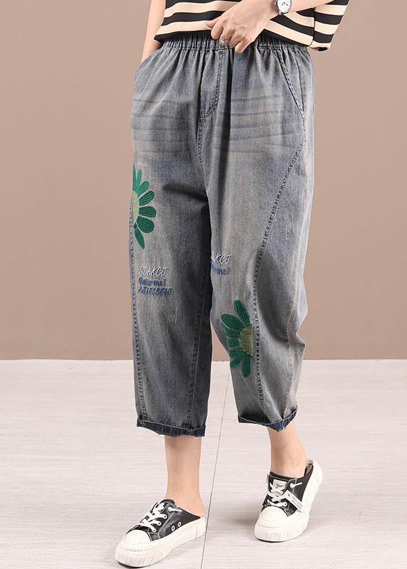 Organic Blue Embroideried Summer Regular Denim Pants - SooLinen