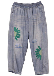 Organic Blue Embroideried Summer Regular Denim Pants - SooLinen