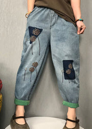 Organic Blue Embroidered harem denim Pants Spring