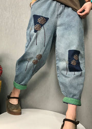Organic Blue Embroidered harem denim Pants Spring