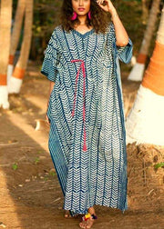 Organic Blue Floral V Neck kimono robe Cotton Dress - SooLinen