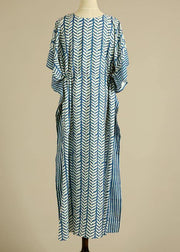 Organic Blue Floral V Neck kimono robe Cotton Dress - SooLinen