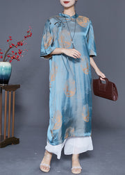 Organic Blue Mandarin Collar Print Lace Up Silk Long Dresses Summer