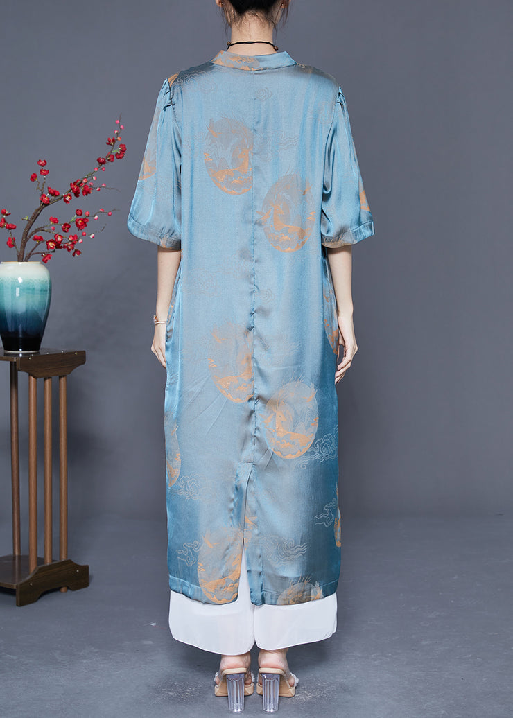 Organic Blue Mandarin Collar Print Lace Up Silk Long Dresses Summer