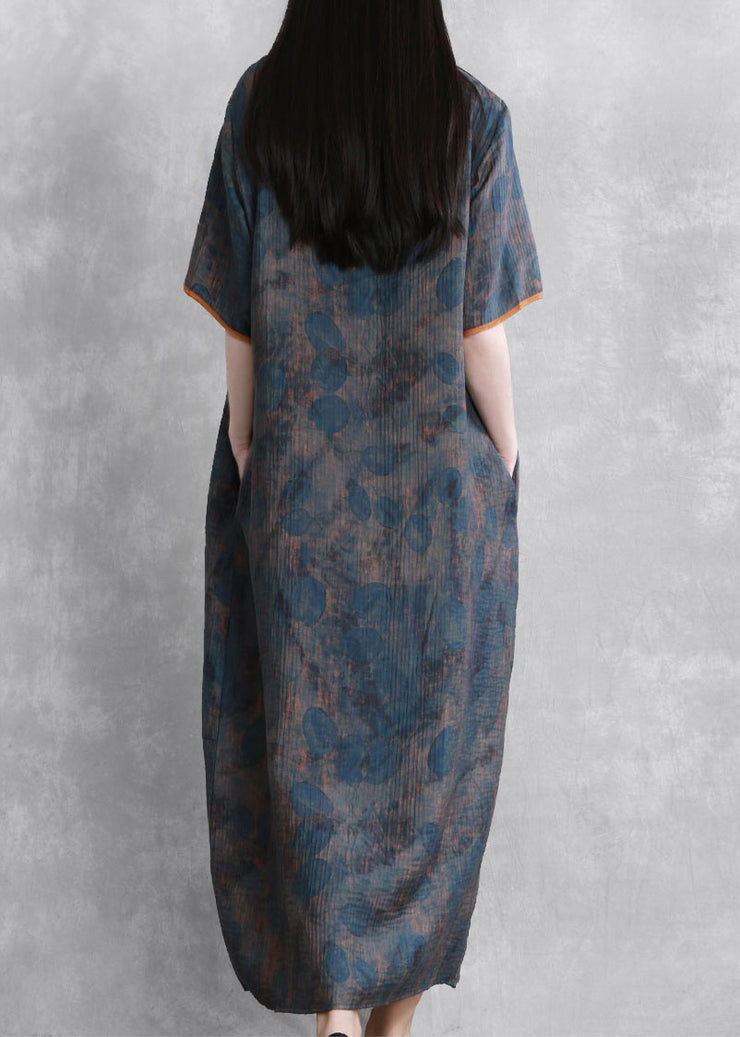 Organic Blue O Neck Print Chinese Button Patchwork Silk Dress Summer