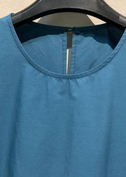 Organic Blue O Neck Wrinkled Patchwork Cotton Maxi Dresses Sleeveless