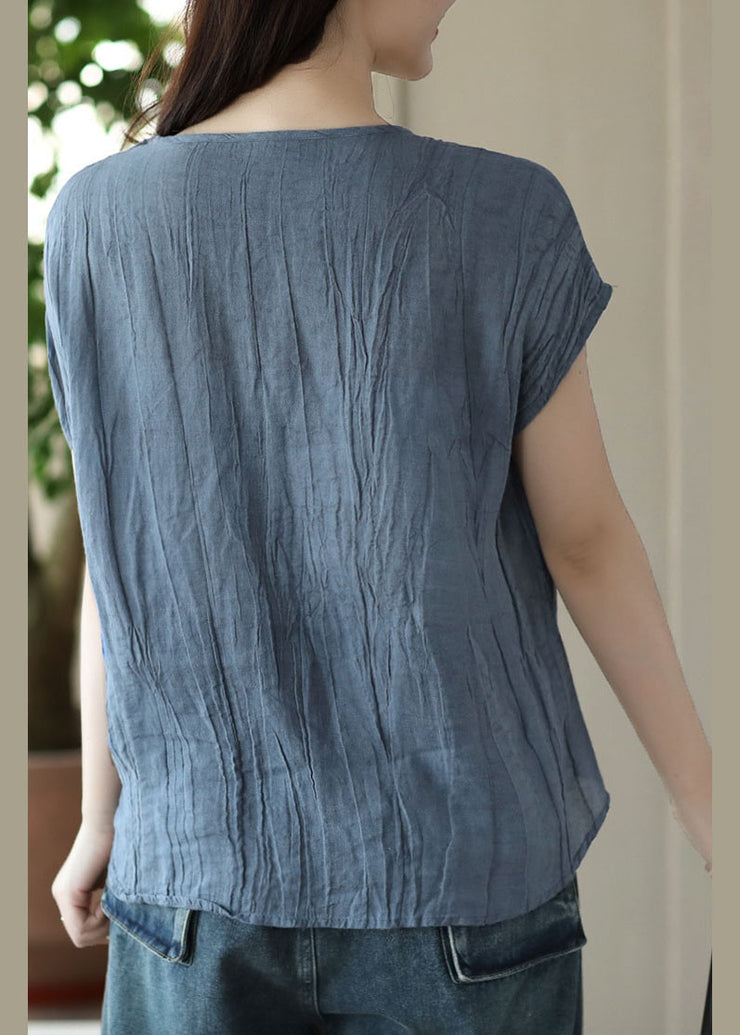 Organic Blue O Neck Wrinkled Patchwork Linen T Shirt Top Short Sleeve