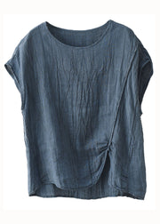 Organic Blue O Neck Wrinkled Patchwork Linen T Shirt Top Short Sleeve