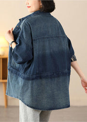 Organic Blue Oversized Patchwork Pockets Cotton Denim Coats Spring