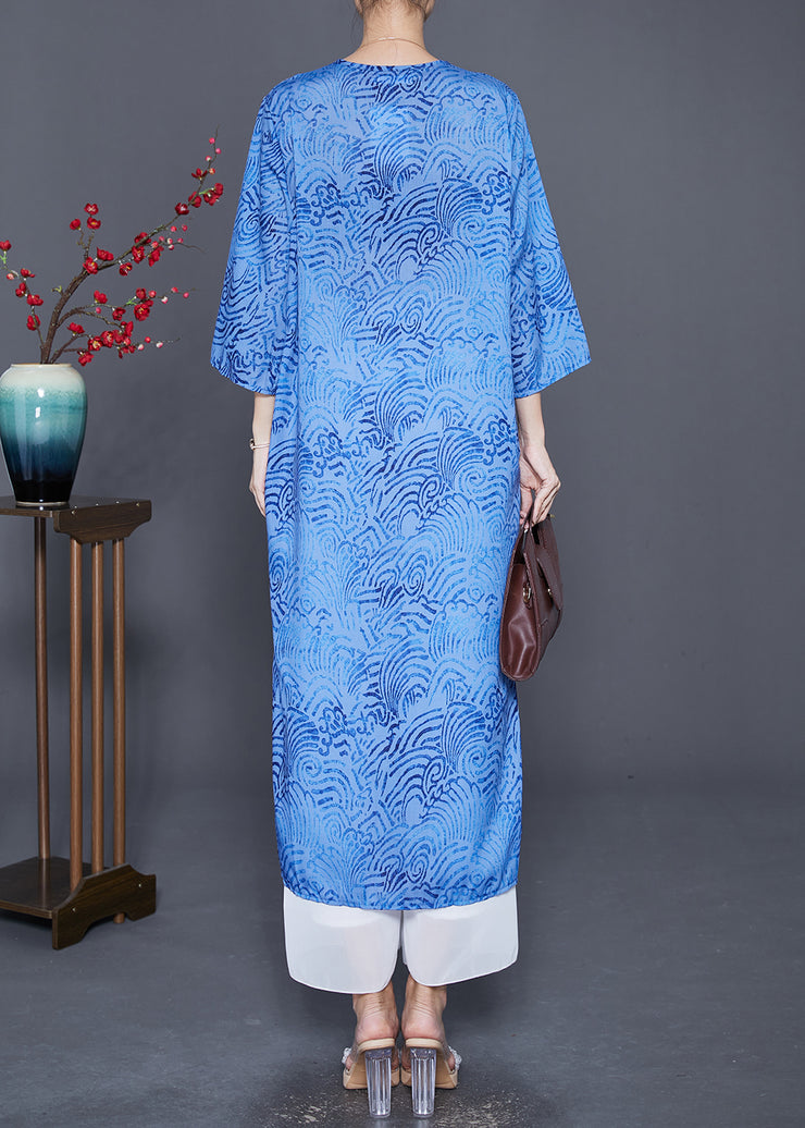 Organic Blue Oversized Print Linen Dress Bracelet Sleeve