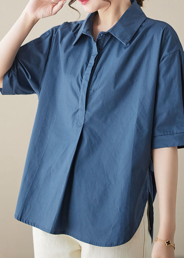 Organic Blue Peter Pan Collar Patchwork Cotton Shirts Top Summer