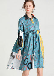 Organic Blue PeterPan-Kragen-Patchwork-Herbstferien-Kleid mit langen Ärmeln