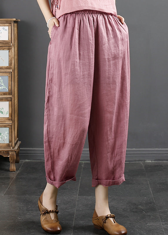 Organic Blue Pockets Elastic Waist Linen Crop Pants Summer