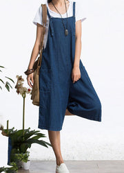Organic Blue Pockets Einfarbige Baumwoll-Denim-Overalls Hose mit weitem Bein Sommer