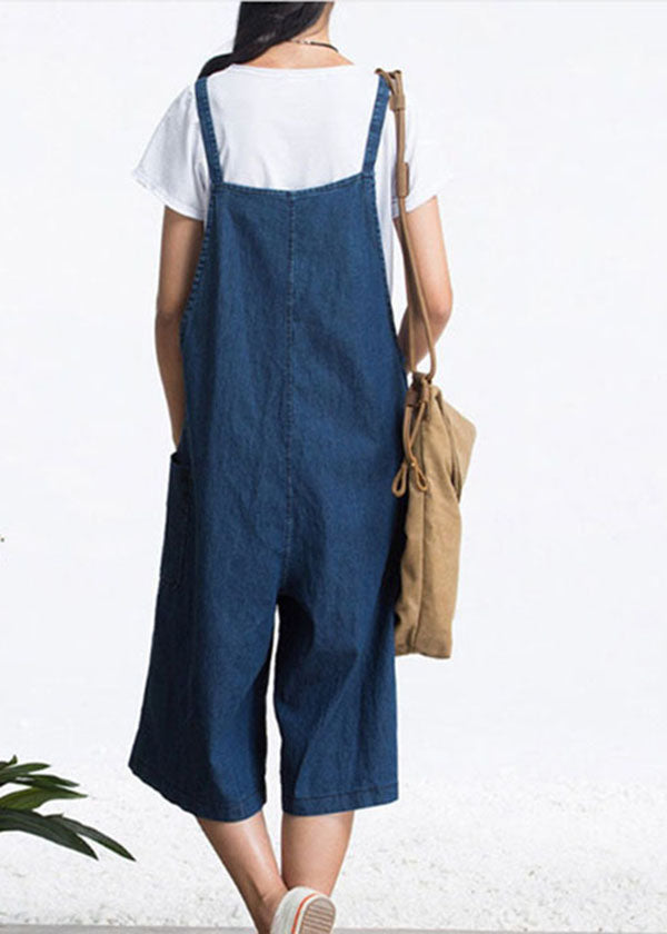 Organic Blue Pockets Einfarbige Baumwoll-Denim-Overalls Hose mit weitem Bein Sommer