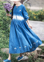 Organic Blue Print Tunic O Neck Cinched Art Dress - SooLinen