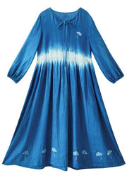Organic Blue Print Tunic O Neck Cinched Art Dress - SooLinen