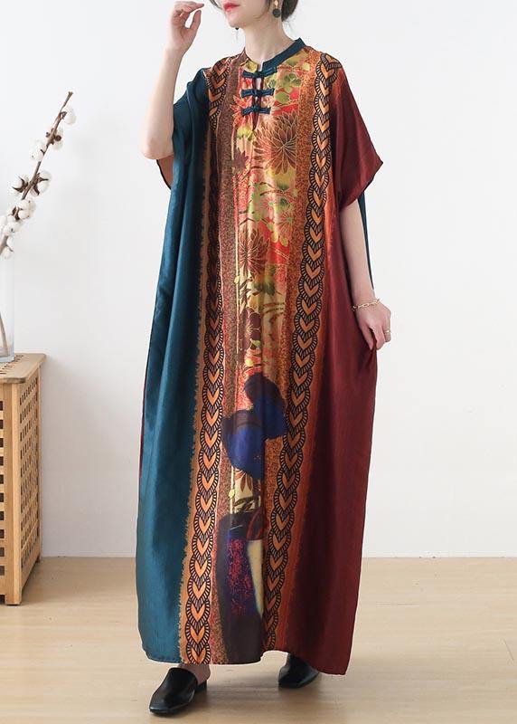 Organic Blue Red Print Oriental Summer Chiffon Dress - SooLinen