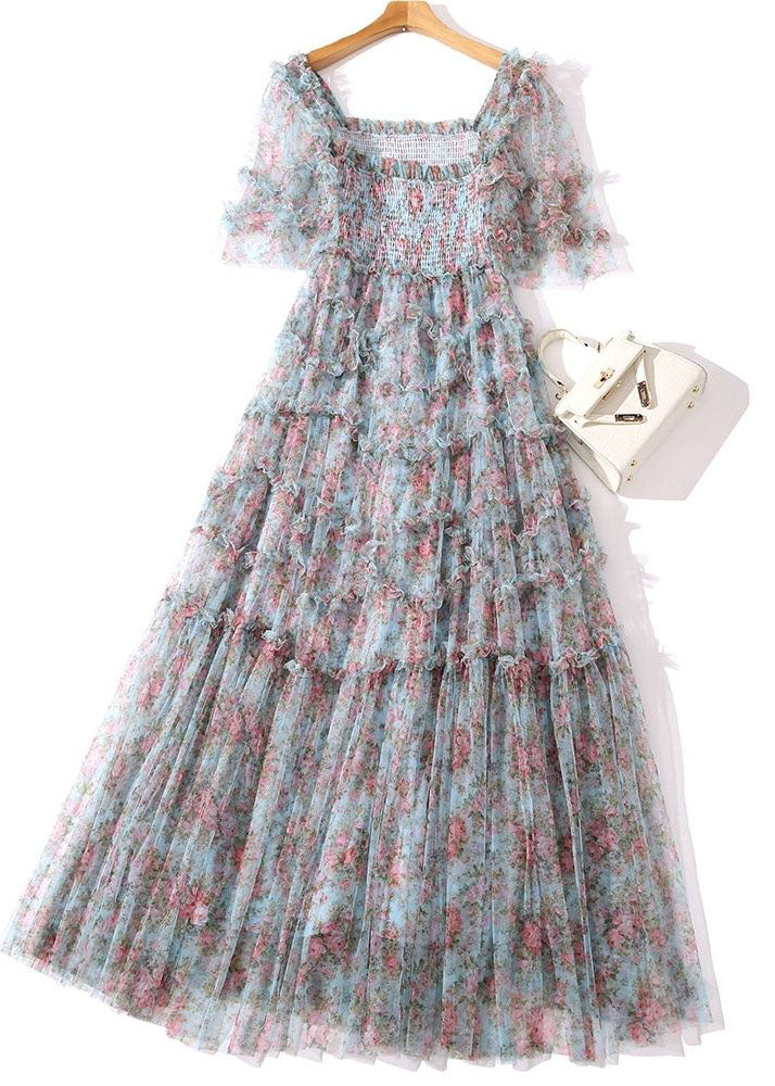 Organic Blue Ruffled Patchwork Print Tulle Dresses Summer