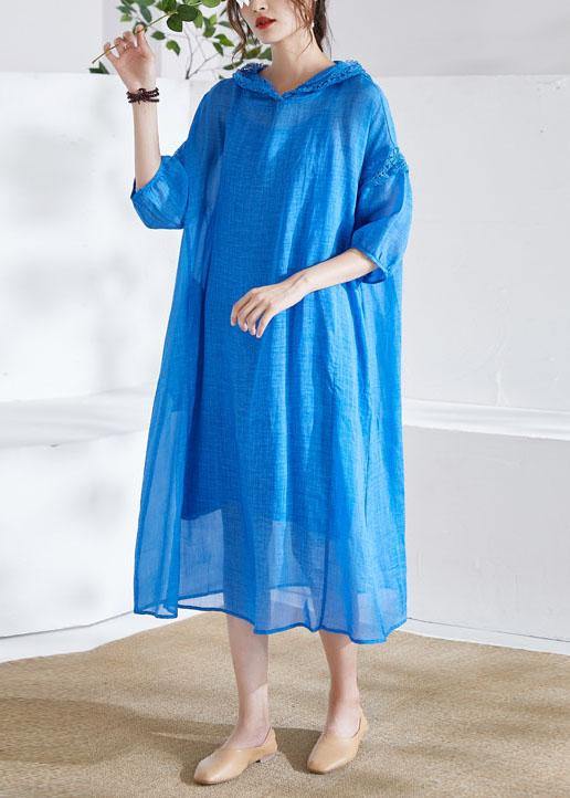 Organic Blue Ruffled Patchwork Summer Ramie Maxi Dresses Half Sleeve - SooLinen