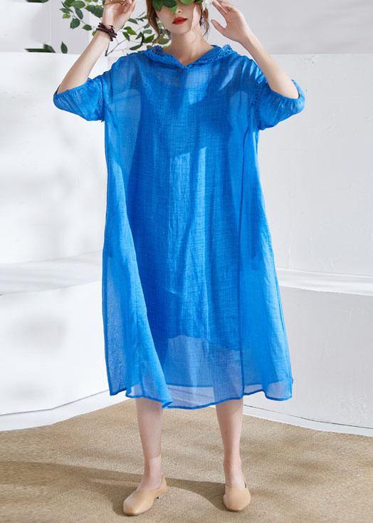 Organic Blue Ruffled Patchwork Summer Ramie Maxi Dresses Half Sleeve - SooLinen