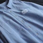 Organic Blue Smiling Face Top Lapel Button Down Midi Spring Shirts - SooLinen