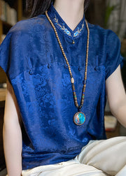 Organic Blue Stand Collar Embroidered Button Silk Top Short Sleeve