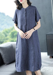 Organic Blue Striped Button Pockets Patchwork Cotton Dress Summer