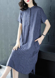 Organic Blue Striped Button Pockets Patchwork Cotton Dress Summer