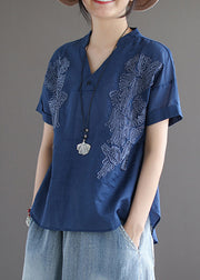 Organic Blue V Neck Embroidered Low High Design Solid Shirts Summer