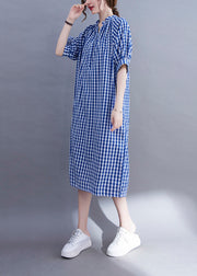 Organic Blue V Neck Plaid Cotton Long Dress Summer