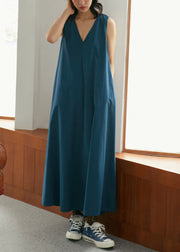 Organic Blue V Neck Pockets Cotton Maxi Summer Dress