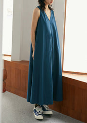 Organic Blue V Neck Pockets Cotton Maxi Summer Dress