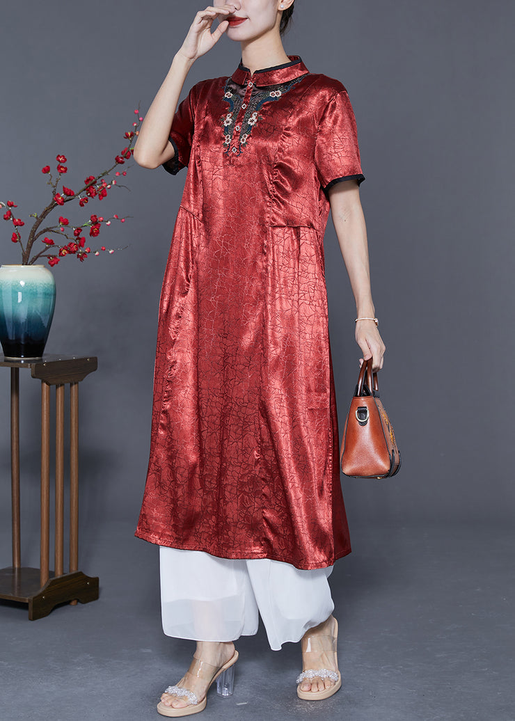Organic Brick Red Mandarin Collar Embroidered Silk Vacation Dresses Summer