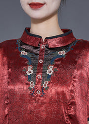 Organic Brick Red Mandarin Collar Embroidered Silk Vacation Dresses Summer