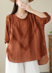 Organic Brick Red Oversized Lace Patchwork Linen Top Summer